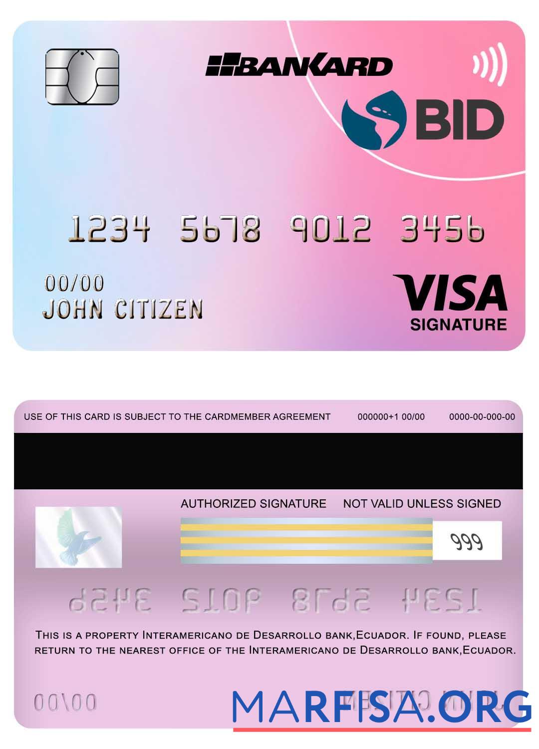Realistic Ecuador Banco Interamericano de desarrollo (BID) bank visa signature card download for verification
